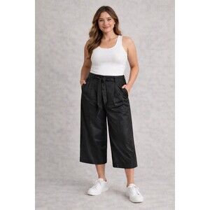 GAP Cropped Wide Leg Pants Size 14P Black High Rise Belted Drapey Sheen Pleated